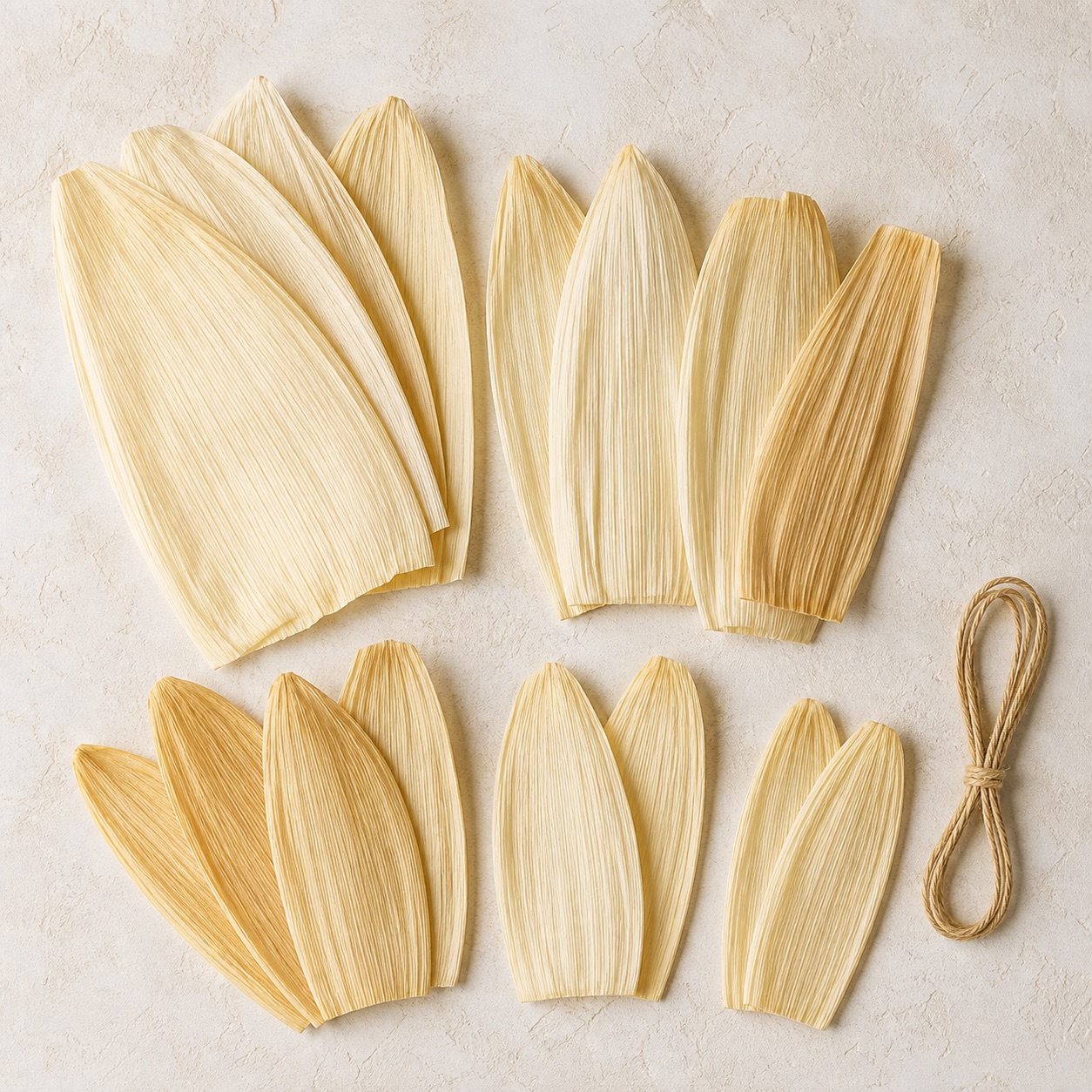 Clean dried corn husks arranged in groups from extra-wide to medium size.